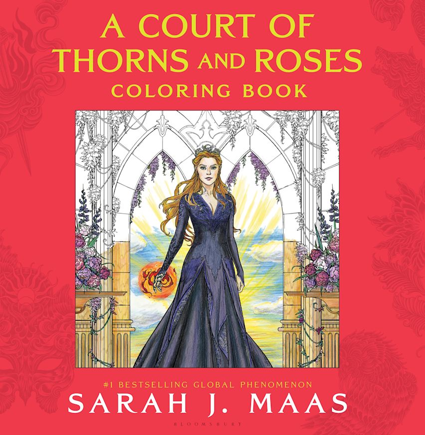 Colouring book cover of 'A Court of Thorns and Roses' with a woman in a blue dress with glass windows behind her 