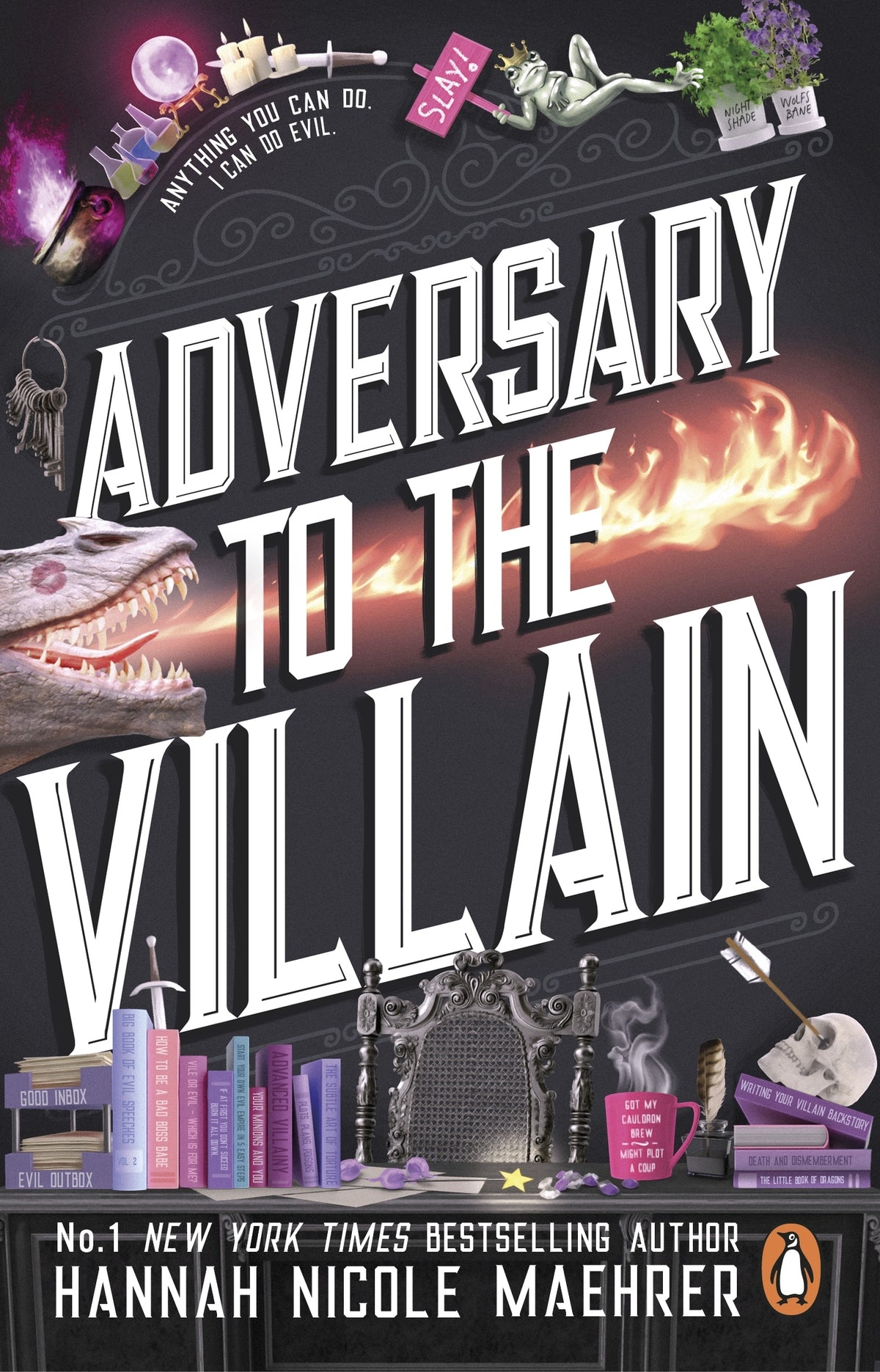 Book cover of 'Adversary to the Villain' with a dark background with a fire breathing dragon and desk full of books