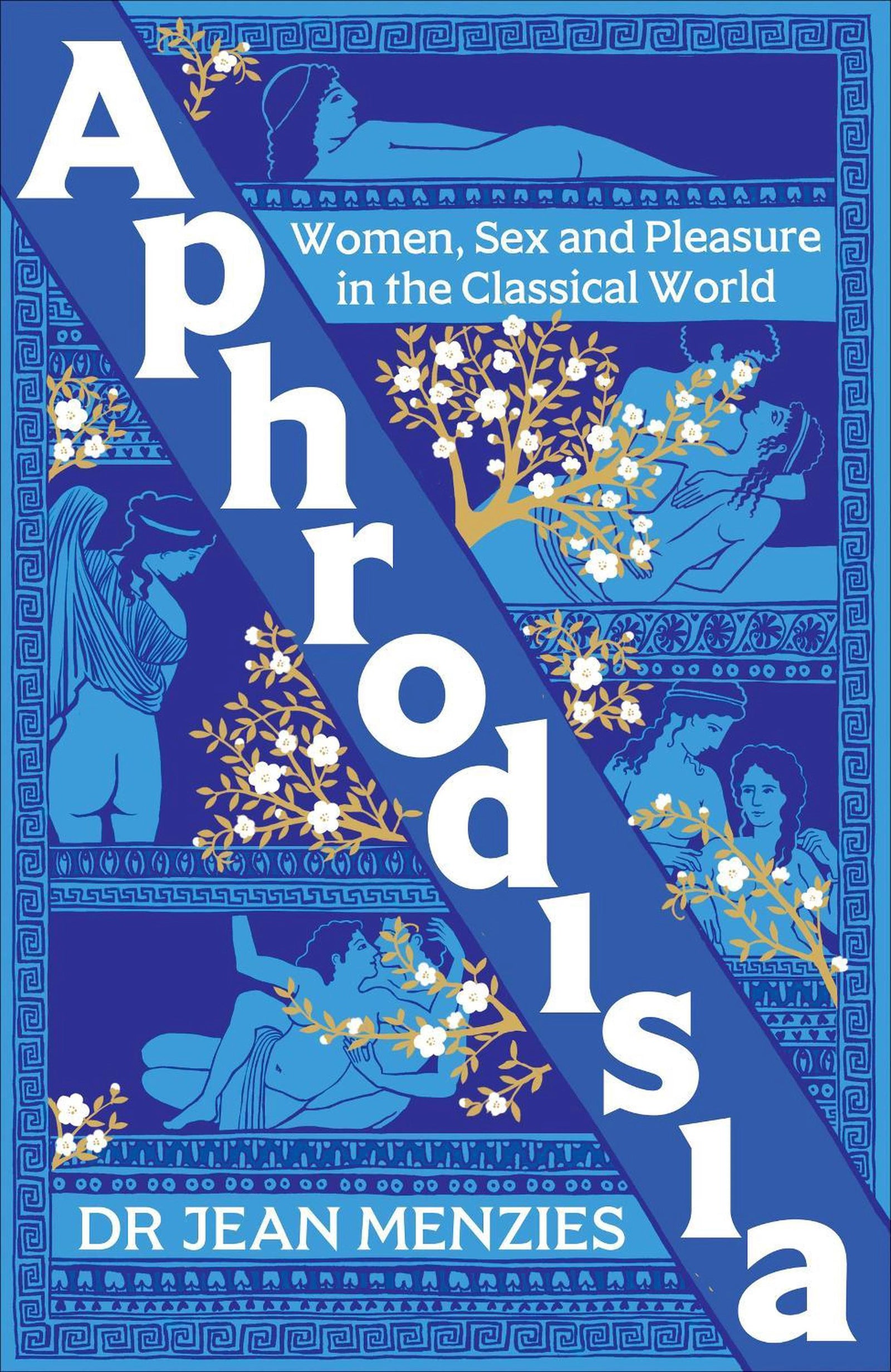 Book cover of 'Aphrodisia' with ancient roman illustrations of people on a blue cover