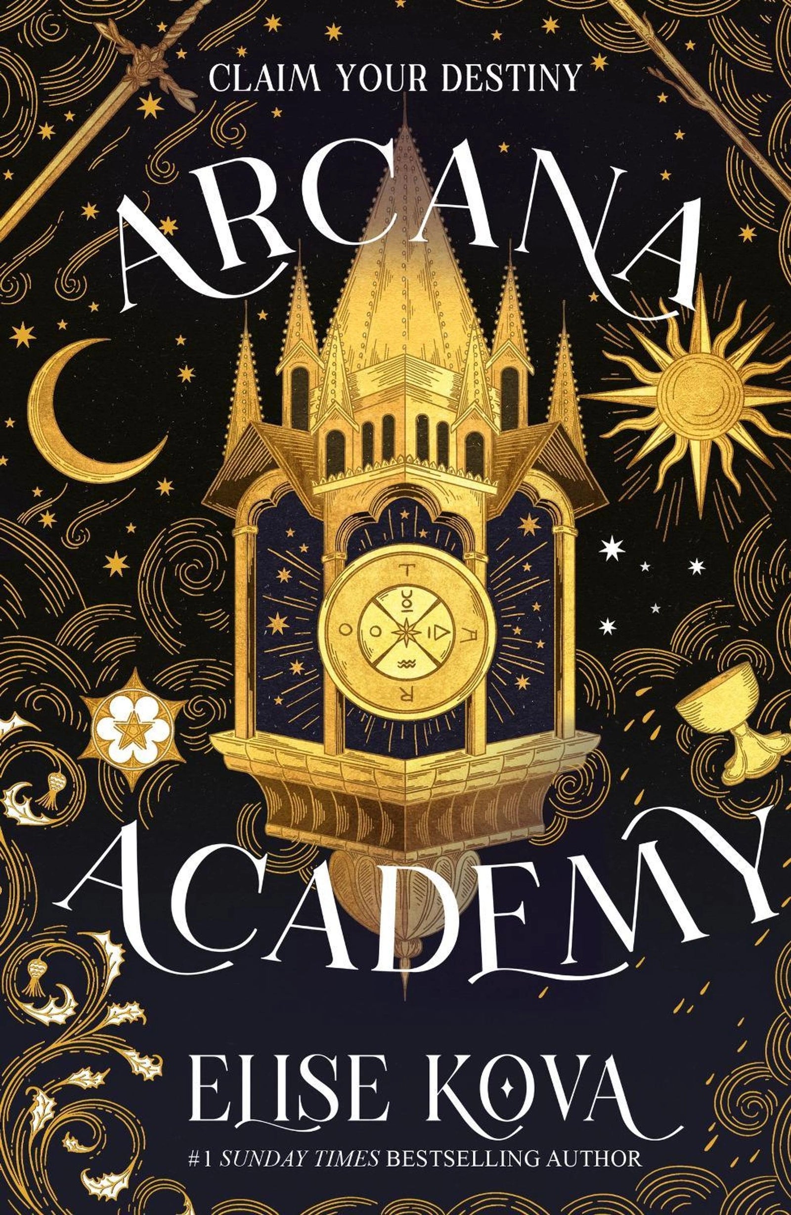 Book cover of 'Arcana Academy' with a clock tower design and celestial elements.