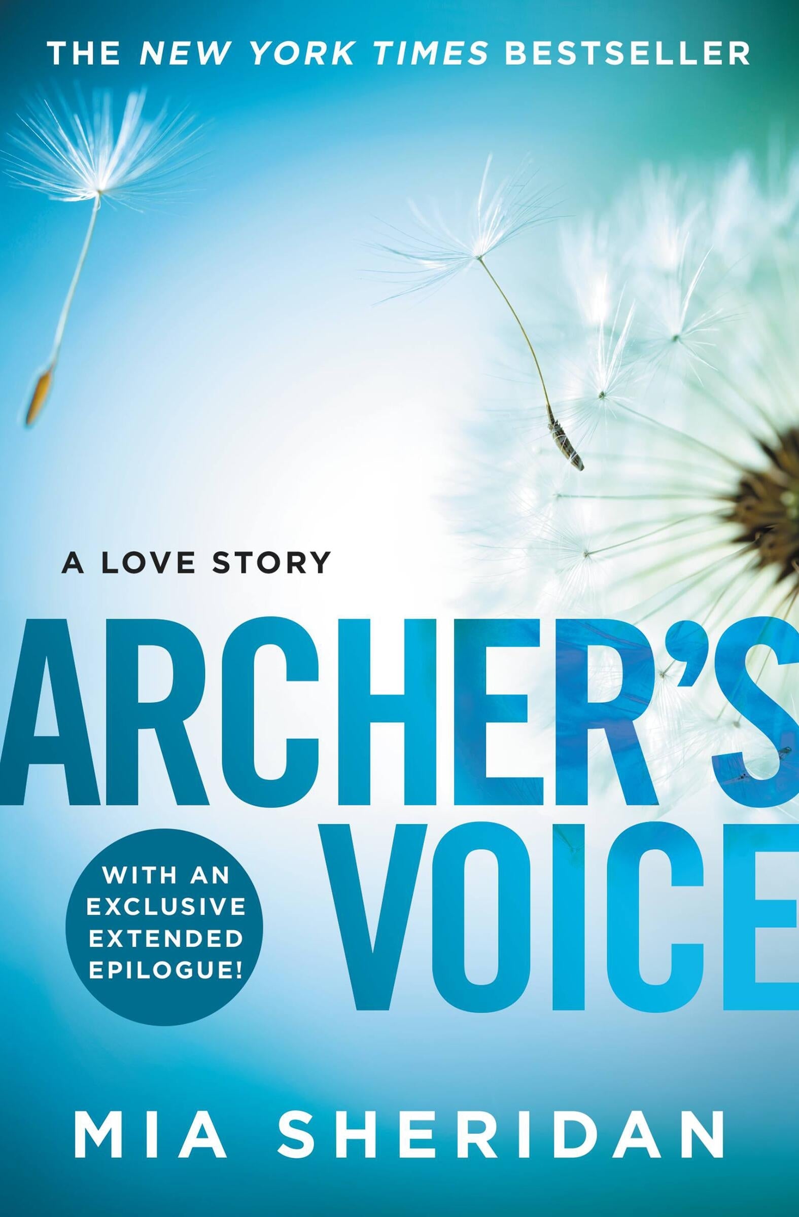 Book cover of 'Archer's Voice' by Mia Sheridan with dandelions on a blue background.