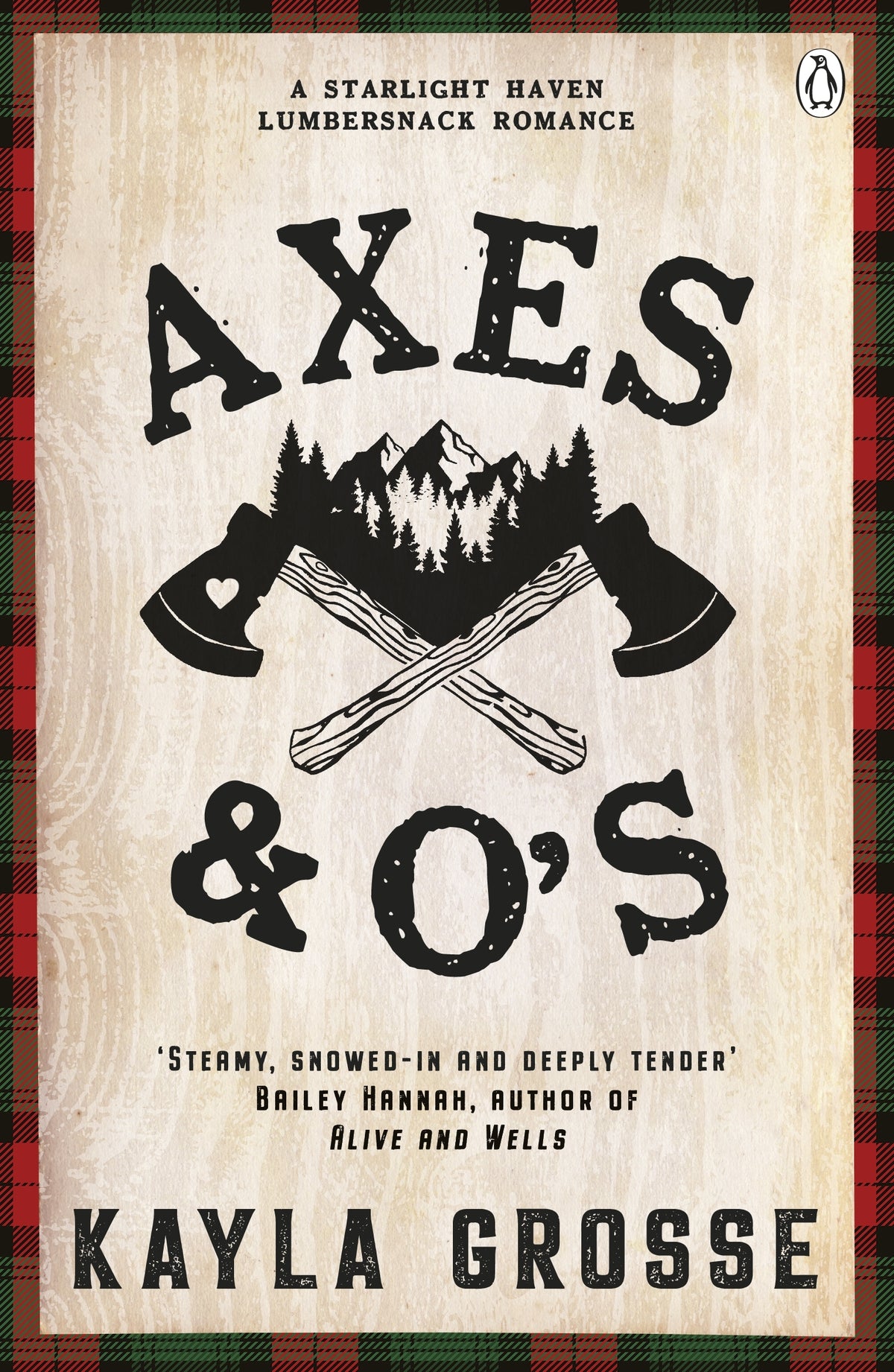 Book cover of 'Axes & O's' by Kayla Grosse with plaid border.
