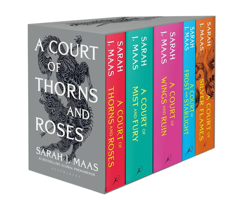 Set of the 'A Court of Thorns and Roses' series in a grey box with a black animal illustration 