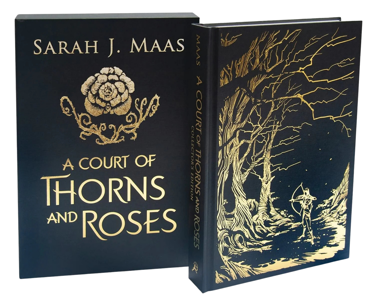 Book cover of 'A Court of Thorns and Roses' with gold details of a tree and a person in armour on a black background