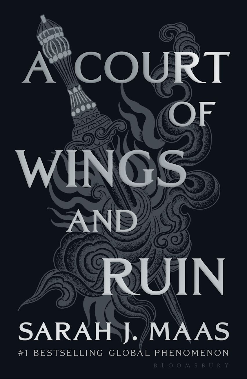 Book cover of 'A Court of Wings and Ruin' by Sarah J. Maas with a stylized wing design on a black background.
