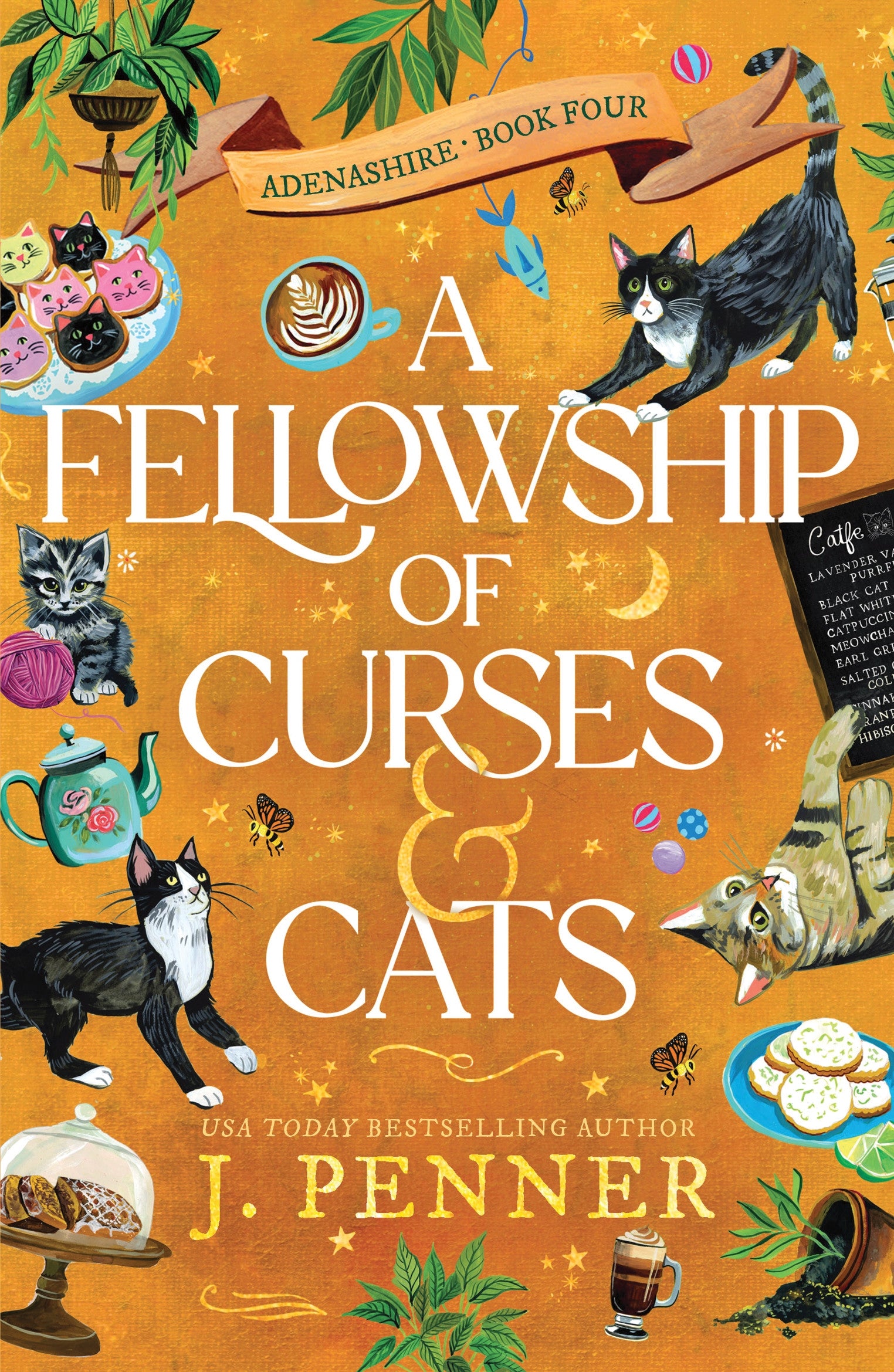Book cover for 'A Fellowship of Curses & Cats' by J. Penner, featuring an orange background with whimsical illustrations of cats, coffee cups, pastries, butterflies, and stars