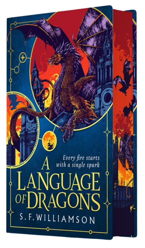 Book cover of 'A Language of Dragons' with a dragon illustration on a blue and orange background.