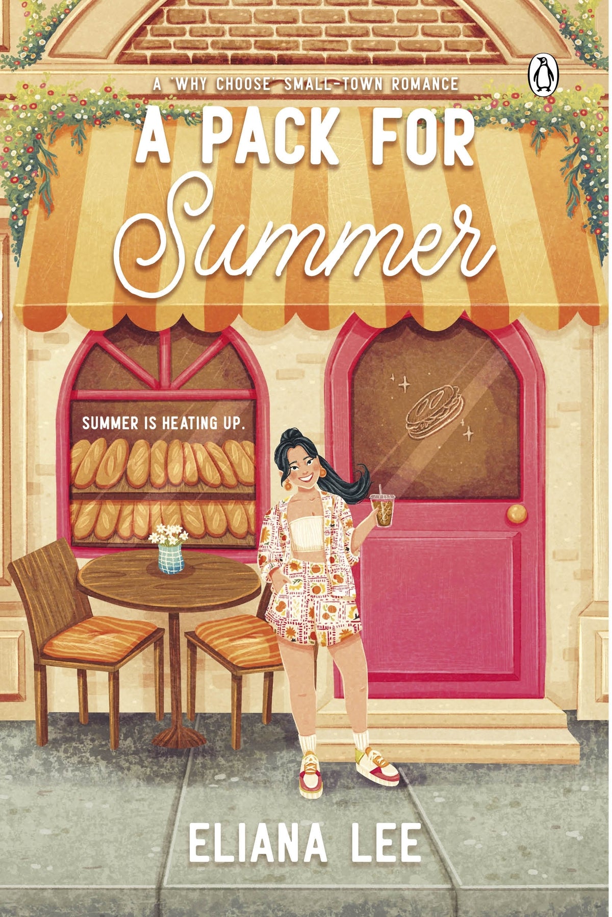 Book cover of 'A Pack for Summer' by Eliana Lee with a woman standing outside a bakery with a coffee.