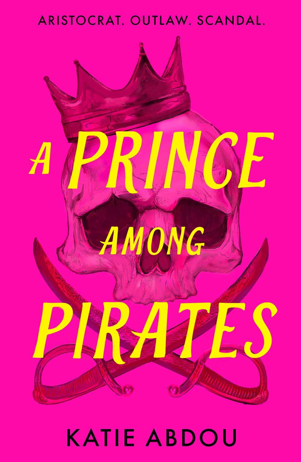 Book cover of 'A Prince Among Pirates' with a skull wearing a crown and crossed swords on a pink background