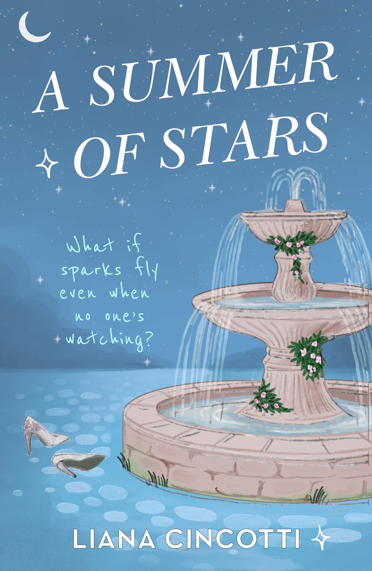 Book cover of 'A Summer Of Stars' with a blue scene of a water fountain with shoes next to it 