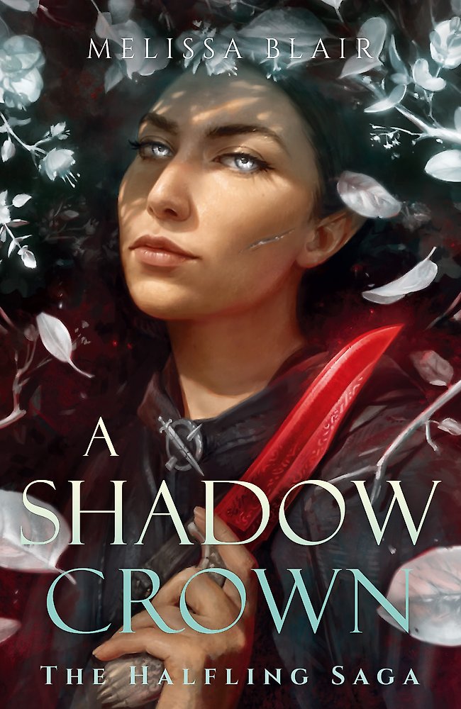 Book cover of 'A Shadow Crown' by Melissa Blair with a woman's face and red ribbon.