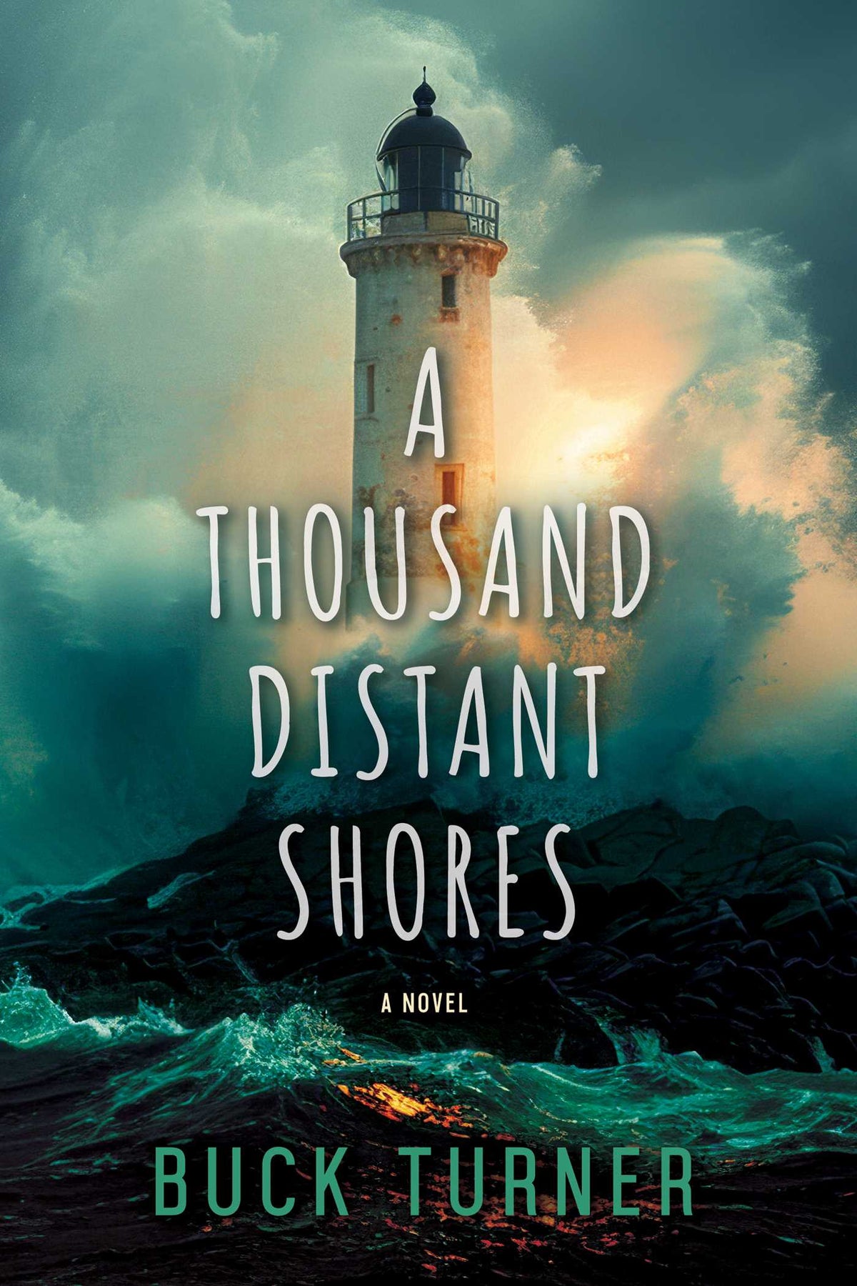 Book cover of &#39;A Thousand Distant Shores&#39; with a lighthouse and stormy sea.