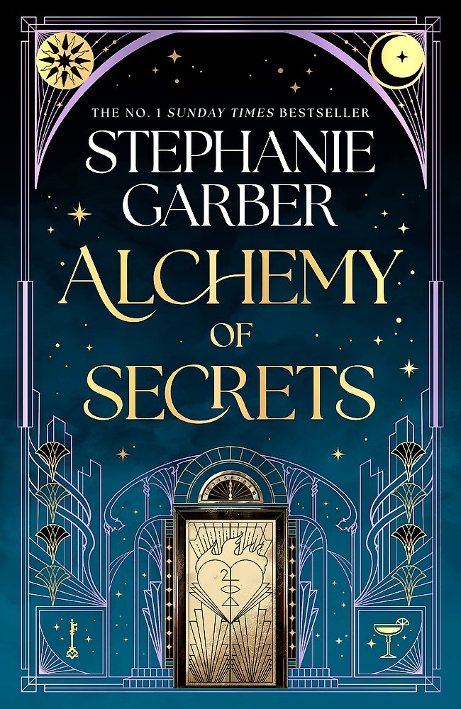 Book cover of 'Alchemy of Secrets' by Stephanie Garber with decorative elements and a door illustration.