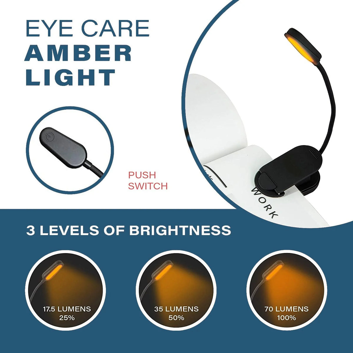 Eye care amber light with push switch and three levels of brightness on a white background