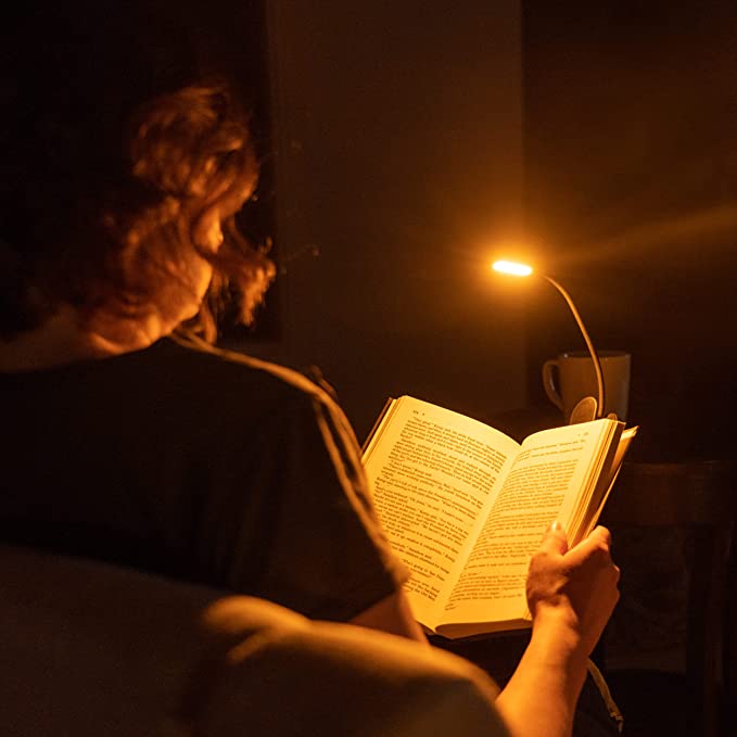 Person reading a book illuminated by a lamp in a dimly lit room