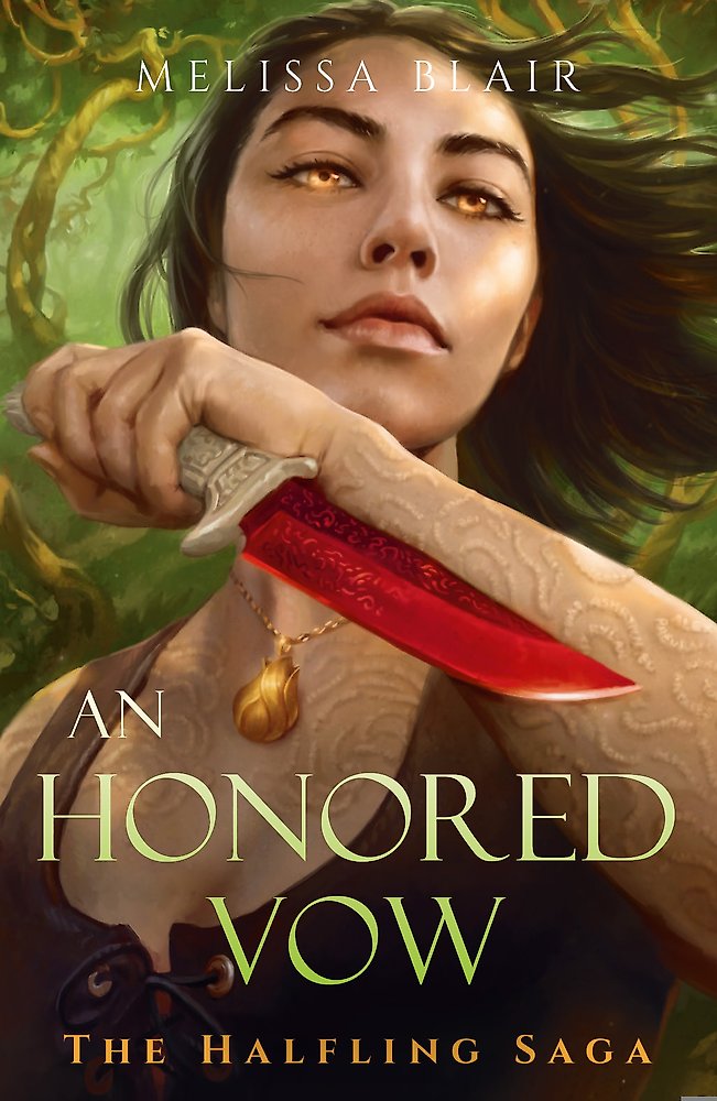 Book cover of 'An Honored Vow' by Melissa Blair featuring a woman with a sword.