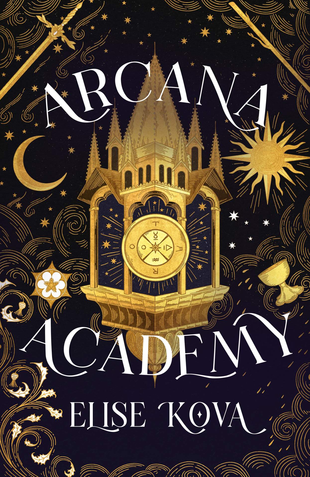 Book cover of 'Arcana Academy' by Elise Kova with gold and black design elements.
