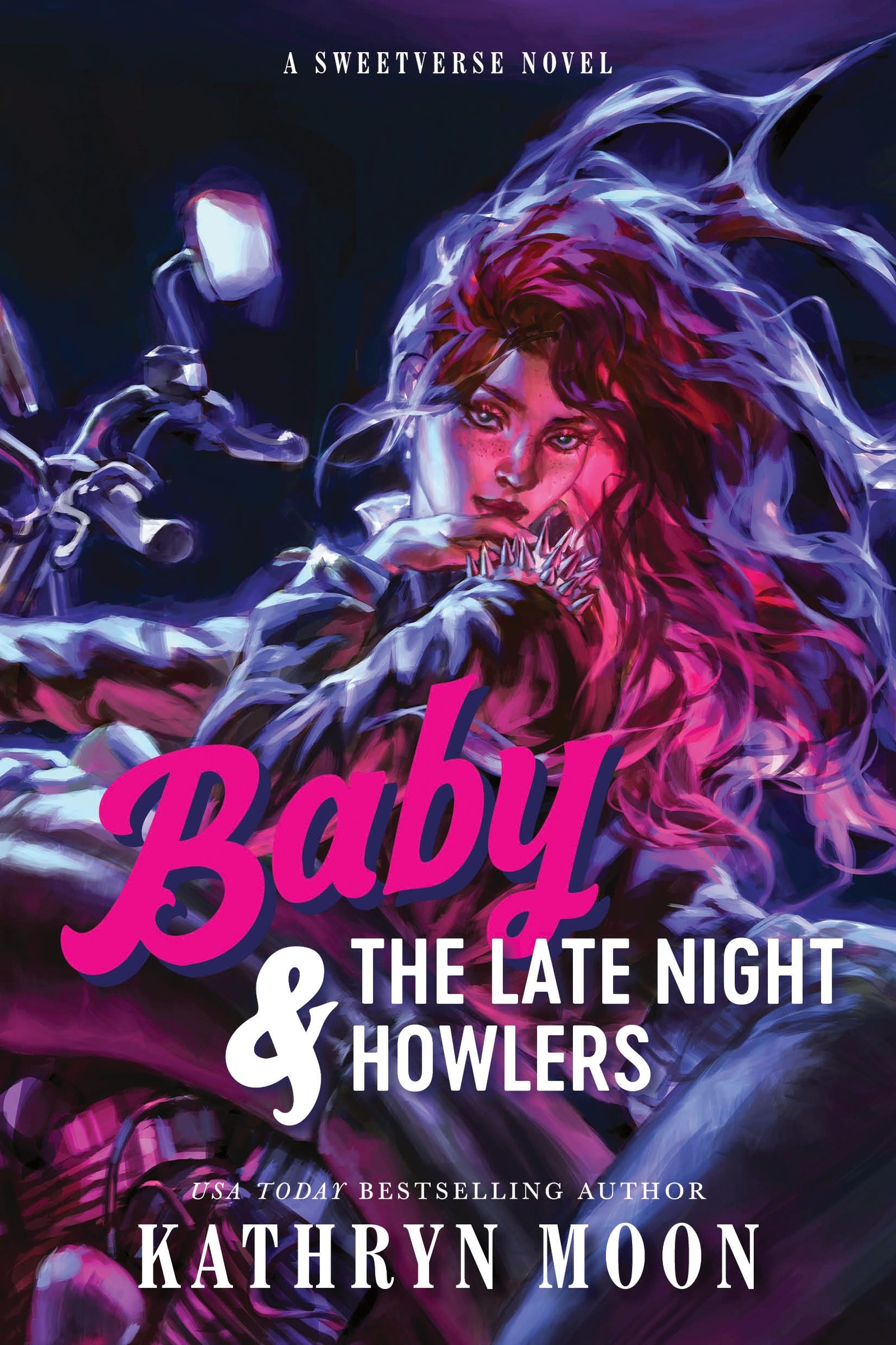 Book cover of 'Baby & The Late Night Howlers' by Kathryn Moon with a woman on a motorbike.