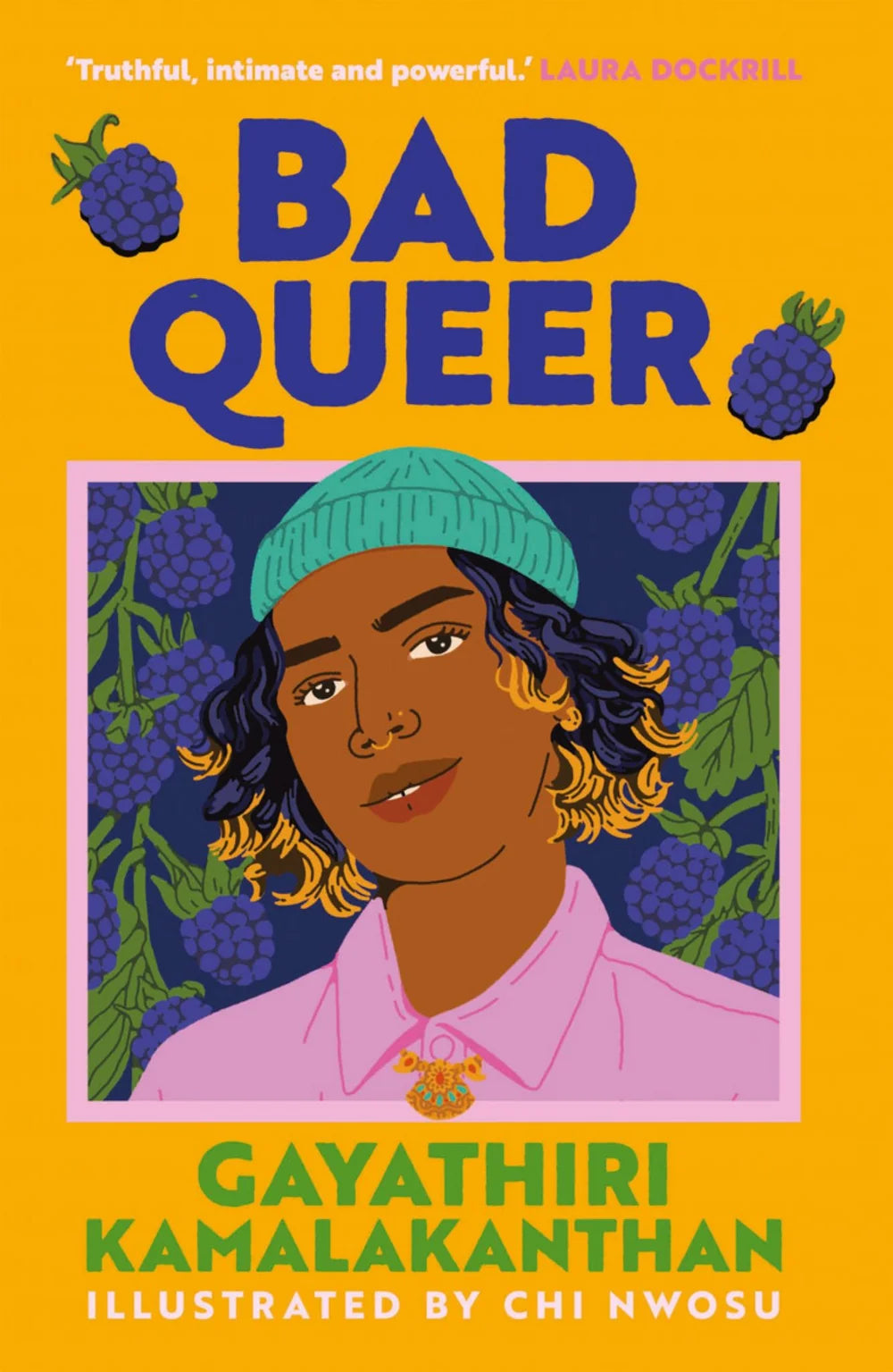 Book cover for 'Bad Queer' featuring a bright yellow background and a central illustrated portrait of a person wearing a pink shirt and mint green beanie against a dark berry-patterned background