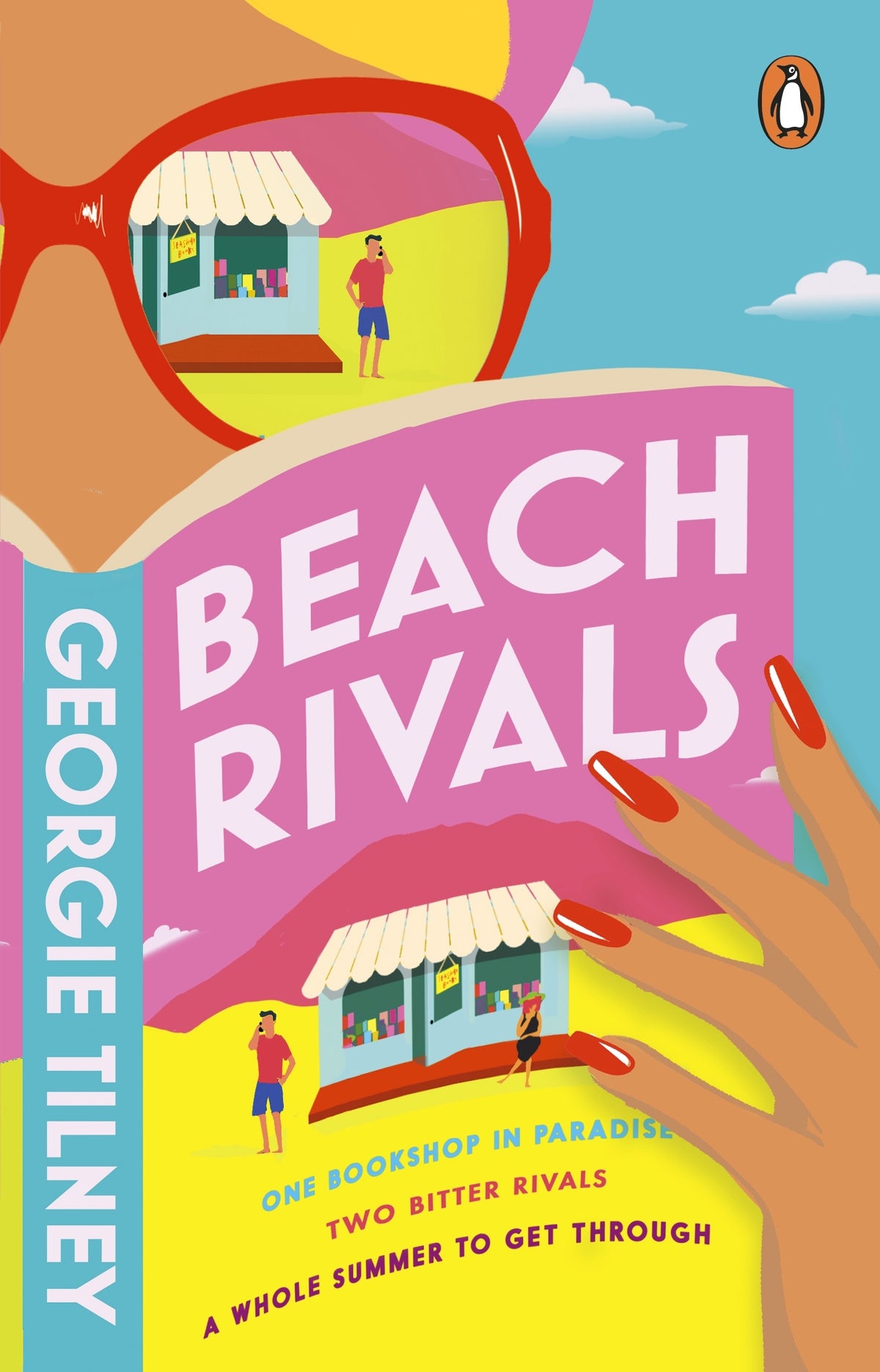 Book cover of 'Beach Rivals' with a woman reading a book with a bookshop on the cover