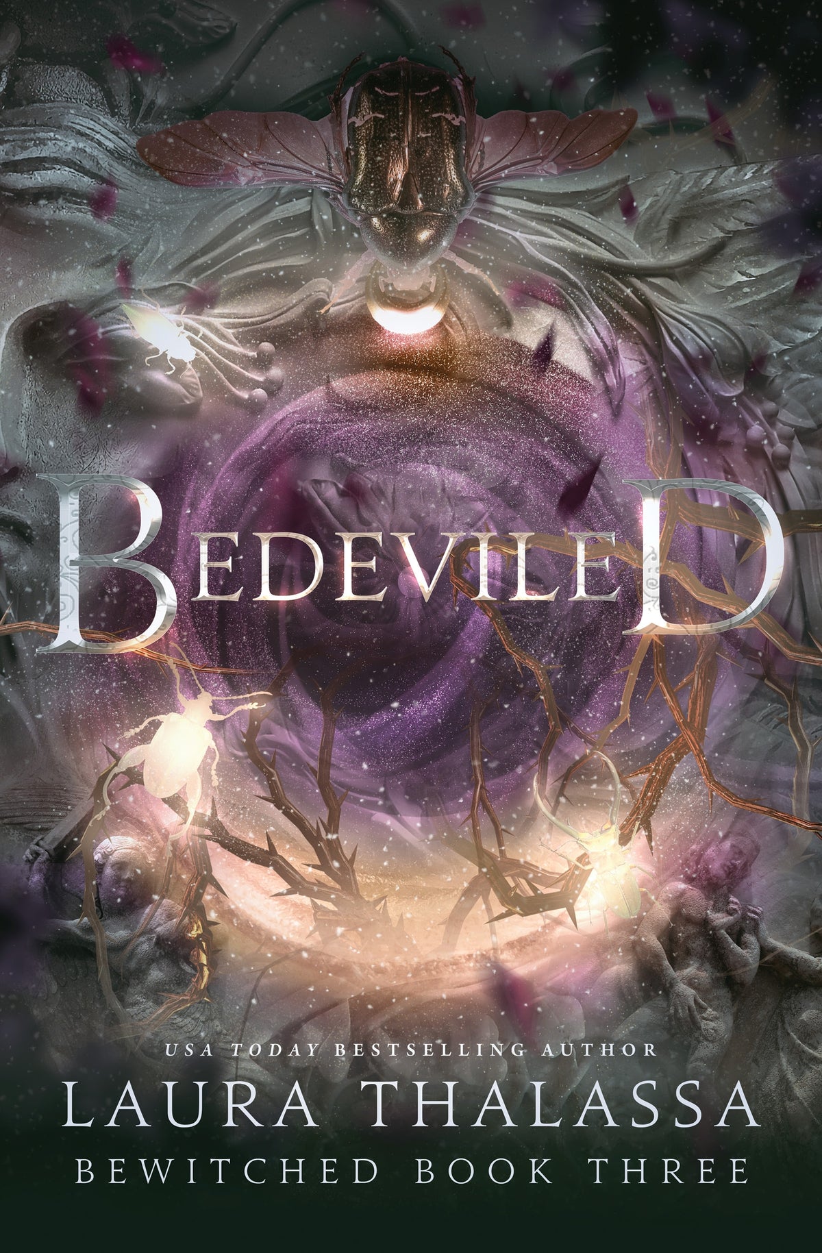 Book cover of 'Bedeviled' with magical elements circling in the centre with insects, trees and statues 