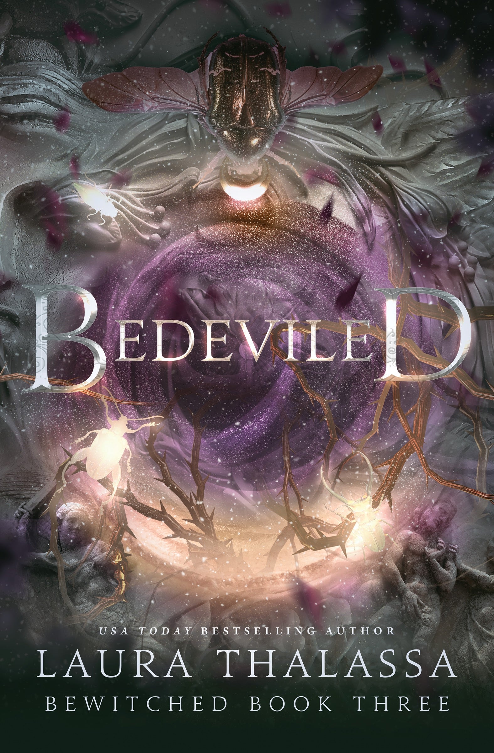 Book cover of 'Bedeviled' with magical elements circling in the centre with insects, trees and statues 