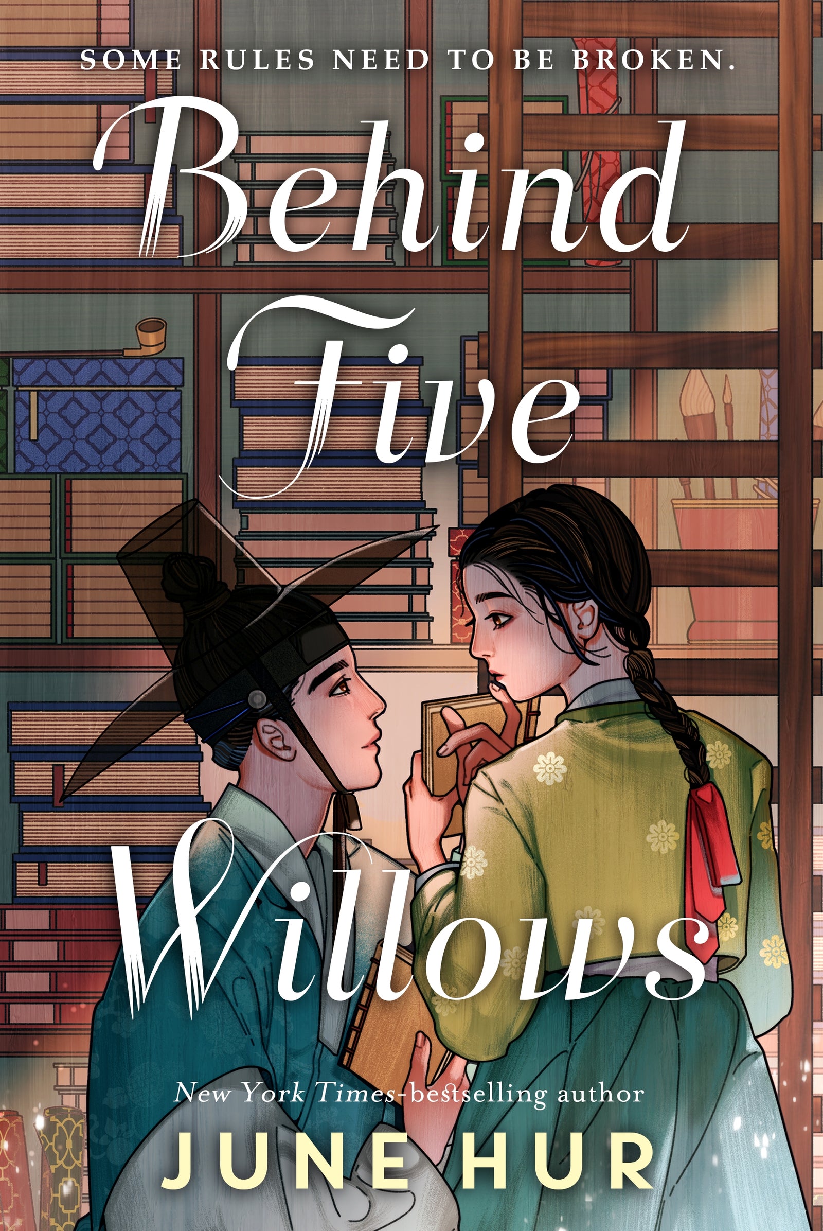 Book cover of 'Behind Five Willows' with two characters and a bookshelf in the background.