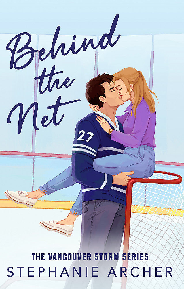 Book cover of 'Behind The Net' with a couple kissing on top of an ice hockey goal