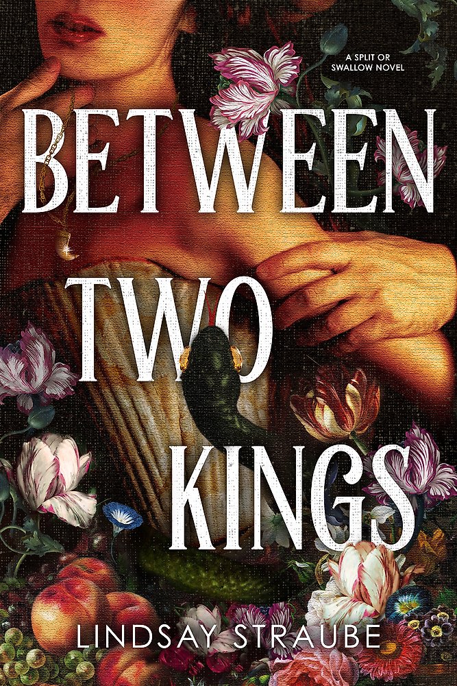 Book cover of 'Between Two Kings' with a classical painting of a woman and flowers with a snake around her