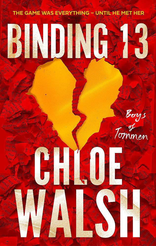 Book cover of 'Binding 13' featuring a yellow heart-shaped design in red ripped paper