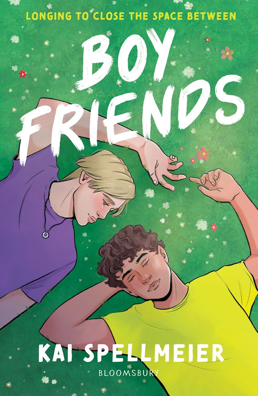 Book cover of 'Boy Friends' by Kai Spellmeier with two boys lying on a grassy field holding hands. 