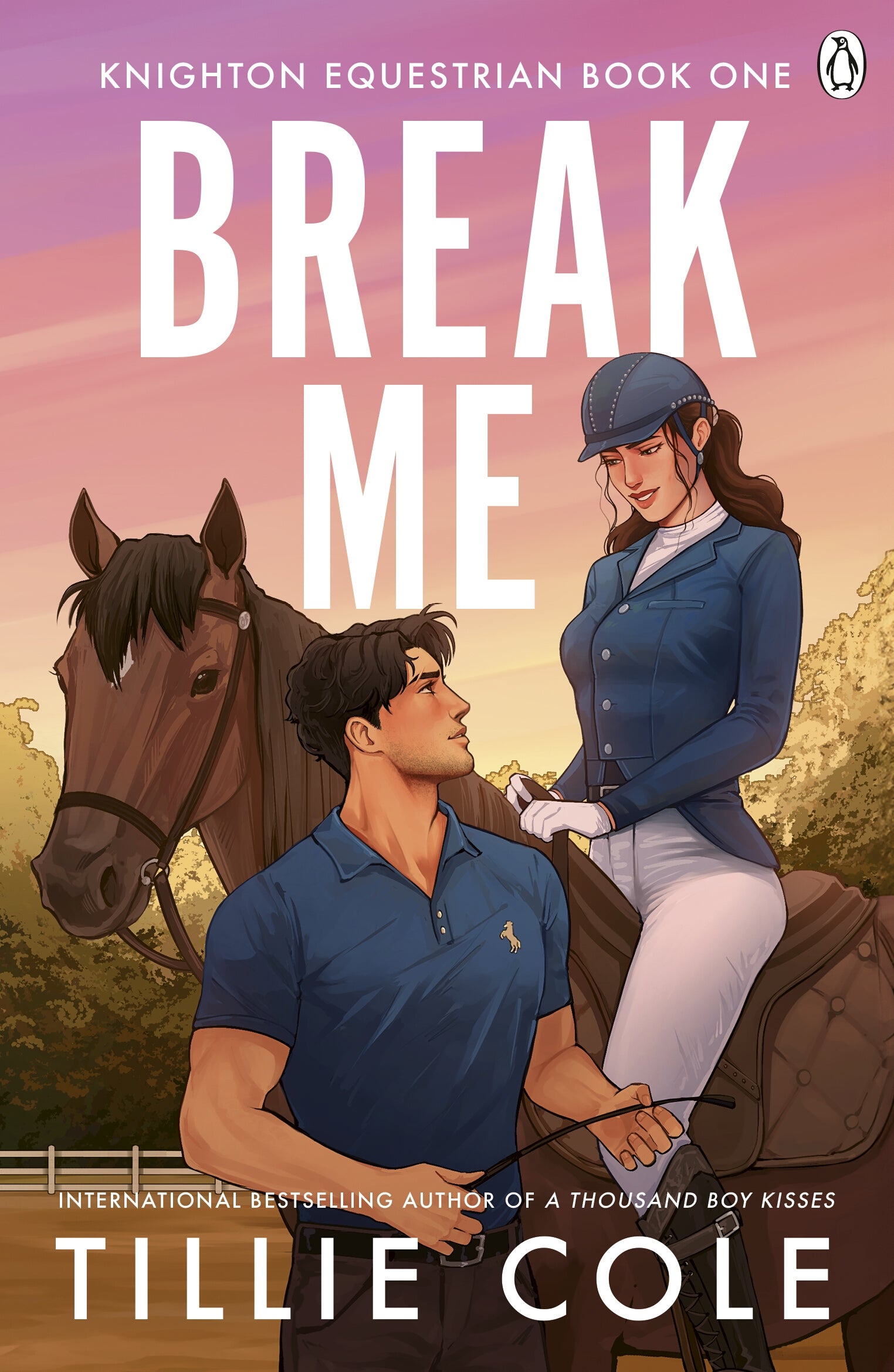 Book cover of 'Break Me' featuring an equestrian scene with a woman on a brown horse and a man standing next to her