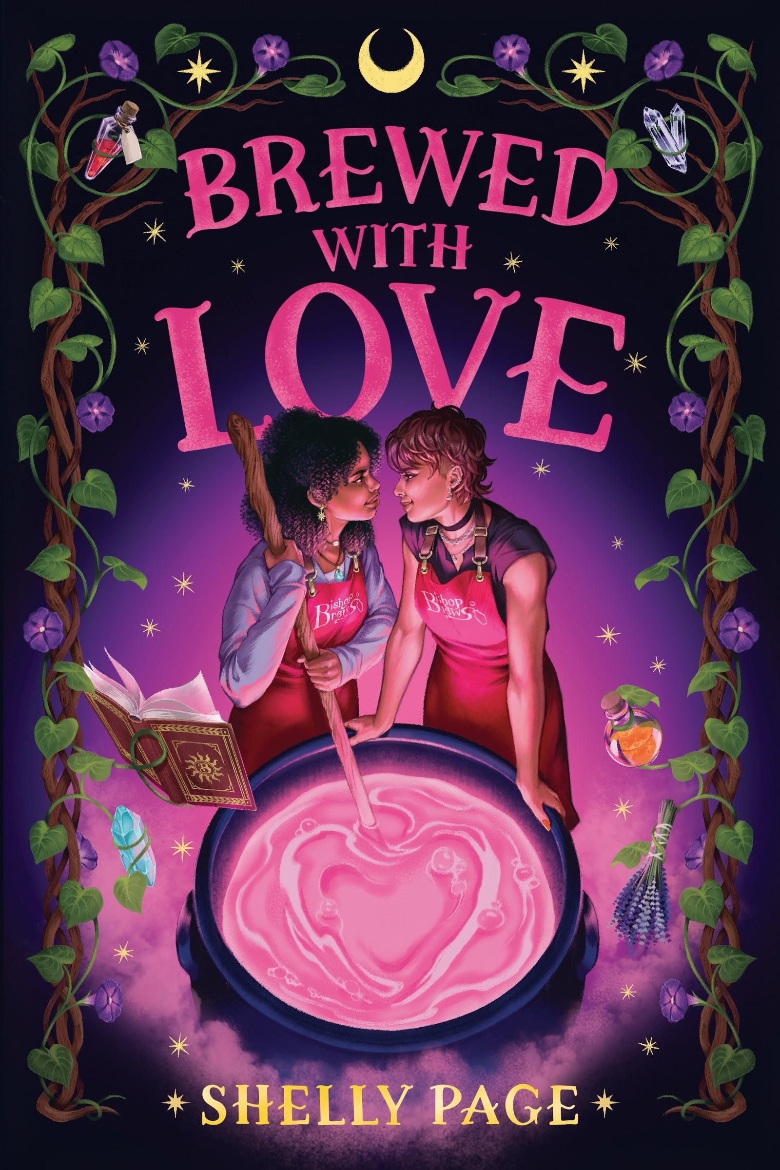 The cover of the book 'Brewed with Love' featuring two female characters embracing in front of a cauldron with a magical or herbal lab setting in the background. The title is displayed at the top in a decorative font, and the author's name, Shelly Page, is at the bottom.