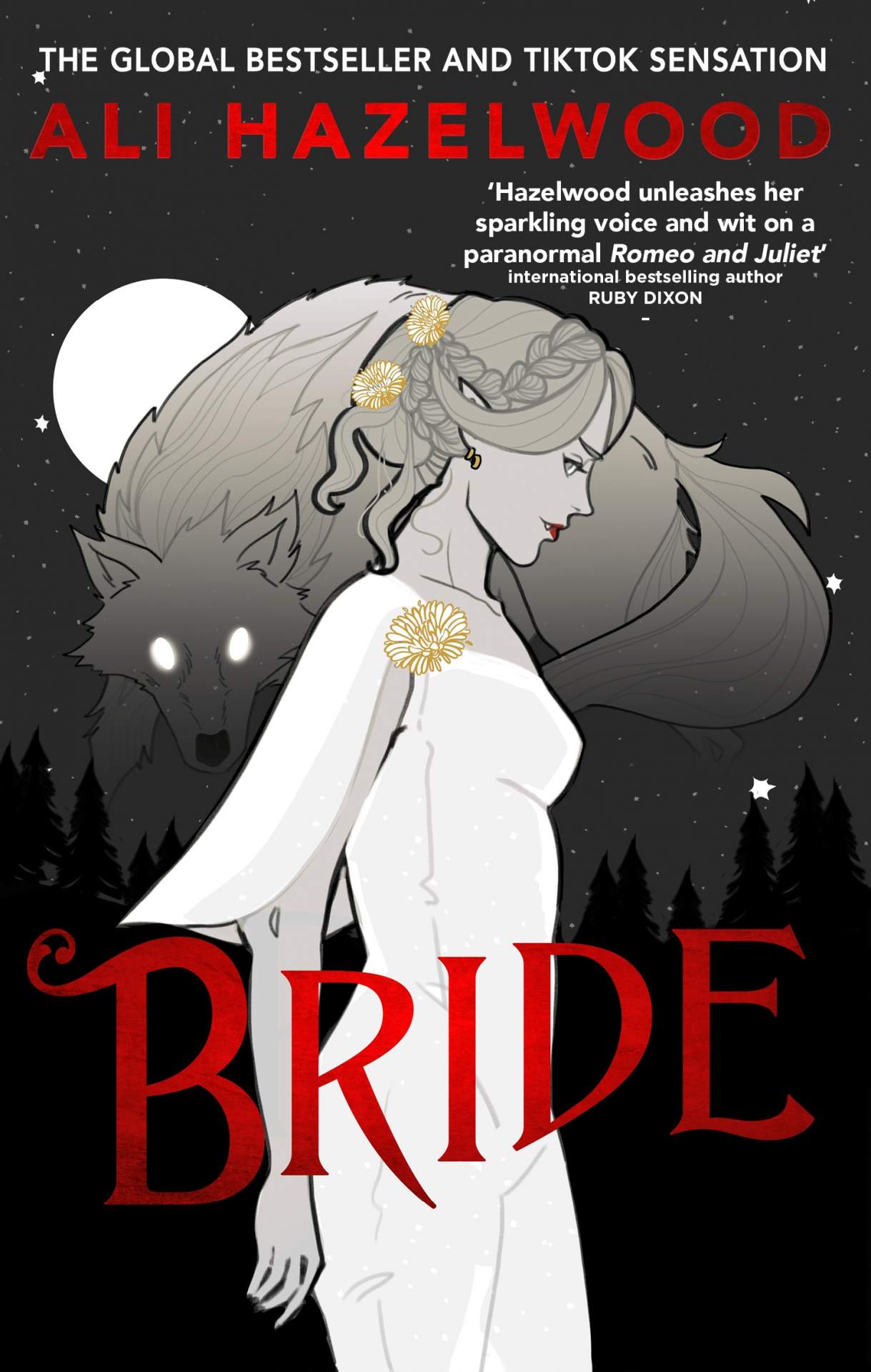 Book cover of 'Bride' featuring a vampire woman with a dark wolf watching over her 