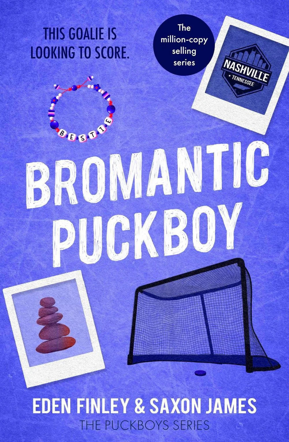 Book cover for 'Bromantic Puckboy' featuring a friendship bracelet, a hockey goal, and two Polaroid-style photos