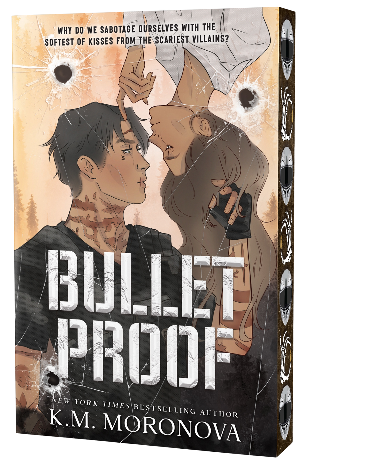 Book cover of 'Bulletproof' by K.M. Moronova with two characters embracing against a bullet-wound background.