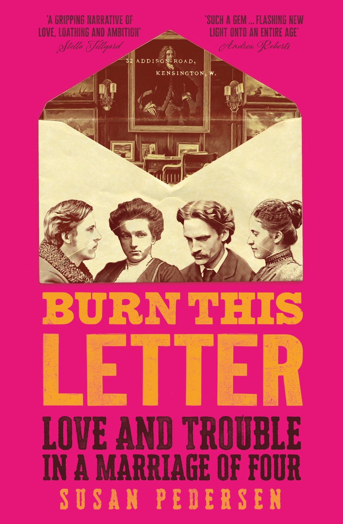 Book cover of 'Burn This Letter' with vintage-style portraits and a pink background.
