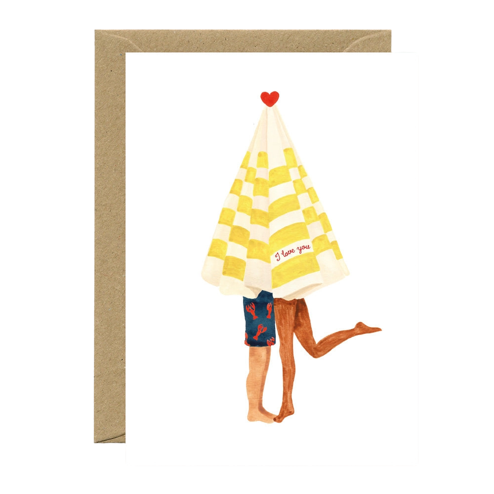 Greeting card with two people under a yellow checkered umbrella which says I Love you