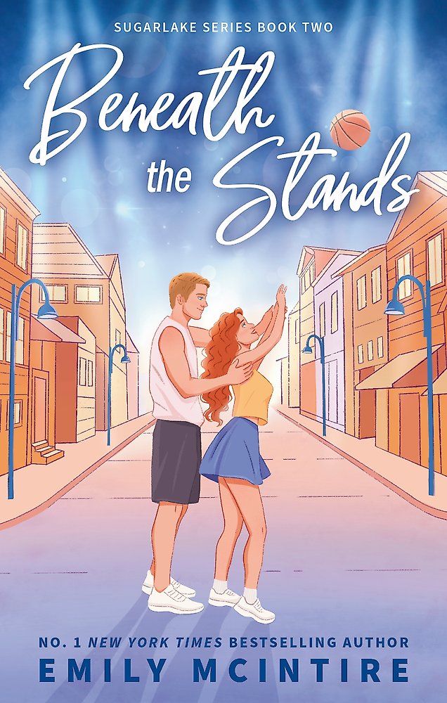 Book cover of 'Beneath the Stands' featuring a couple on a street with basketball elements.