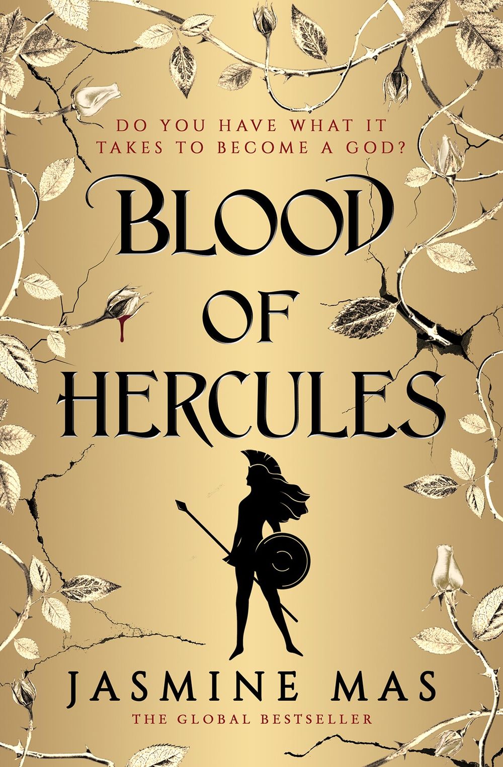 Book cover of 'Blood of Hercules' with a silhouette of a warrior and leaves on a gold background.