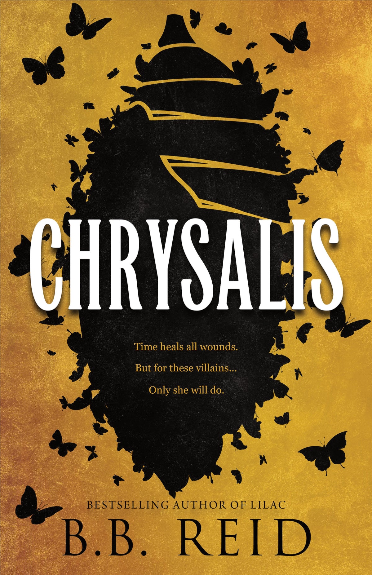 Book cover of 'Chrysalis' with silhouette and butterflies on a yellow background.