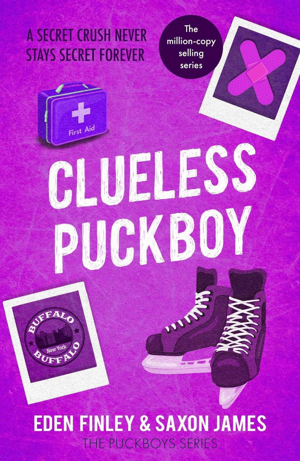 Book cover of 'Clueless Puckboy' featuring a first-aid box and ice hockey skates on a purple background 
