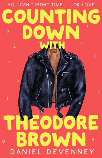 Book cover for "Counting Down with Theodore Brown" with a black leather jacket on a red background, featuring yellow text.