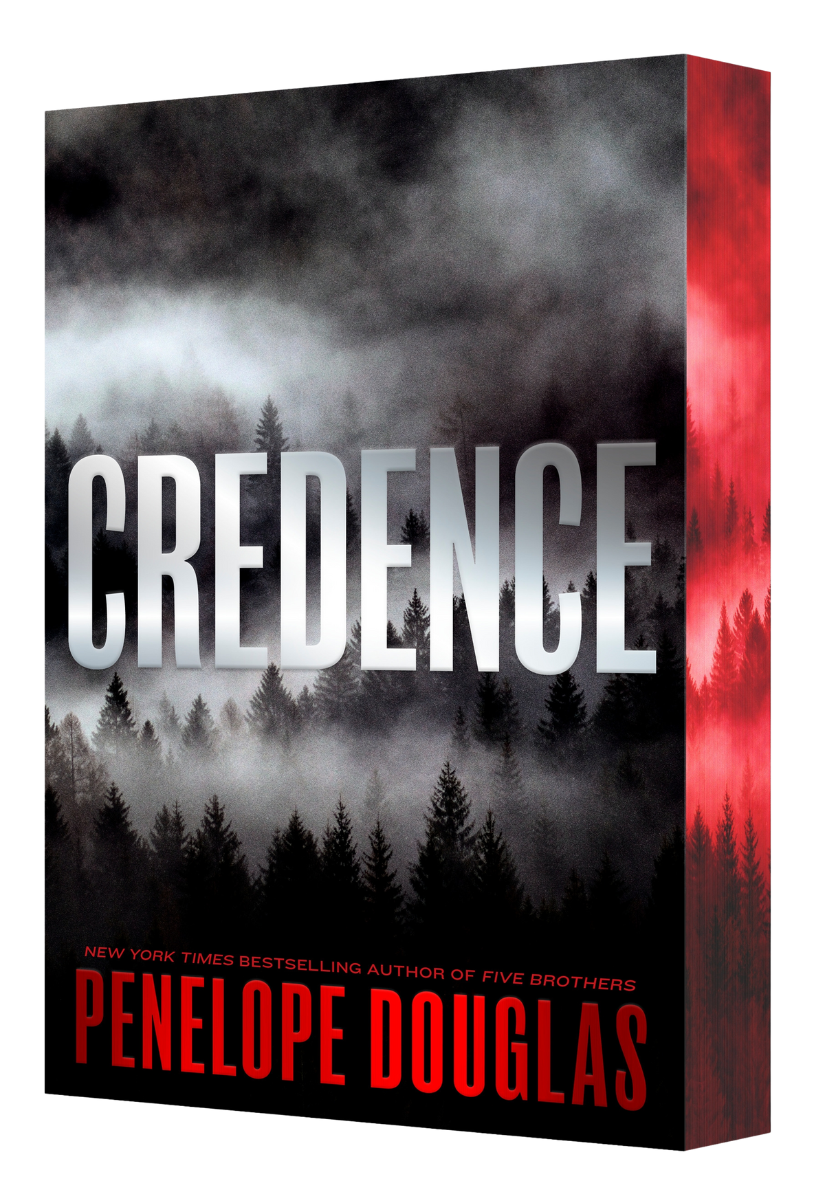 Book cover of 'Credence' featuring a dark, misty pine forest with red sprayed edges 