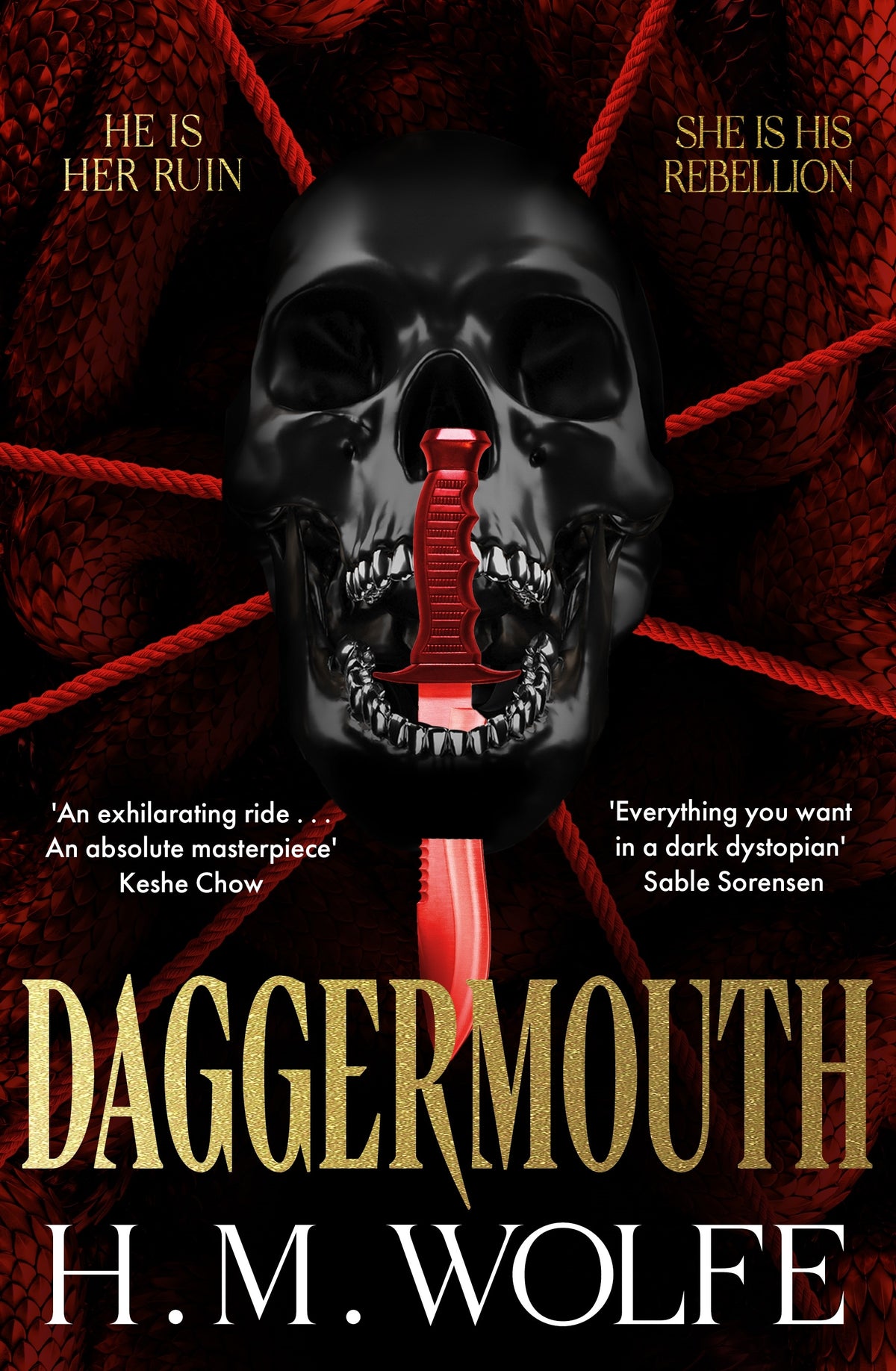 Book cover of 'Daggermouth' with a red knife through the mouth of a skull 