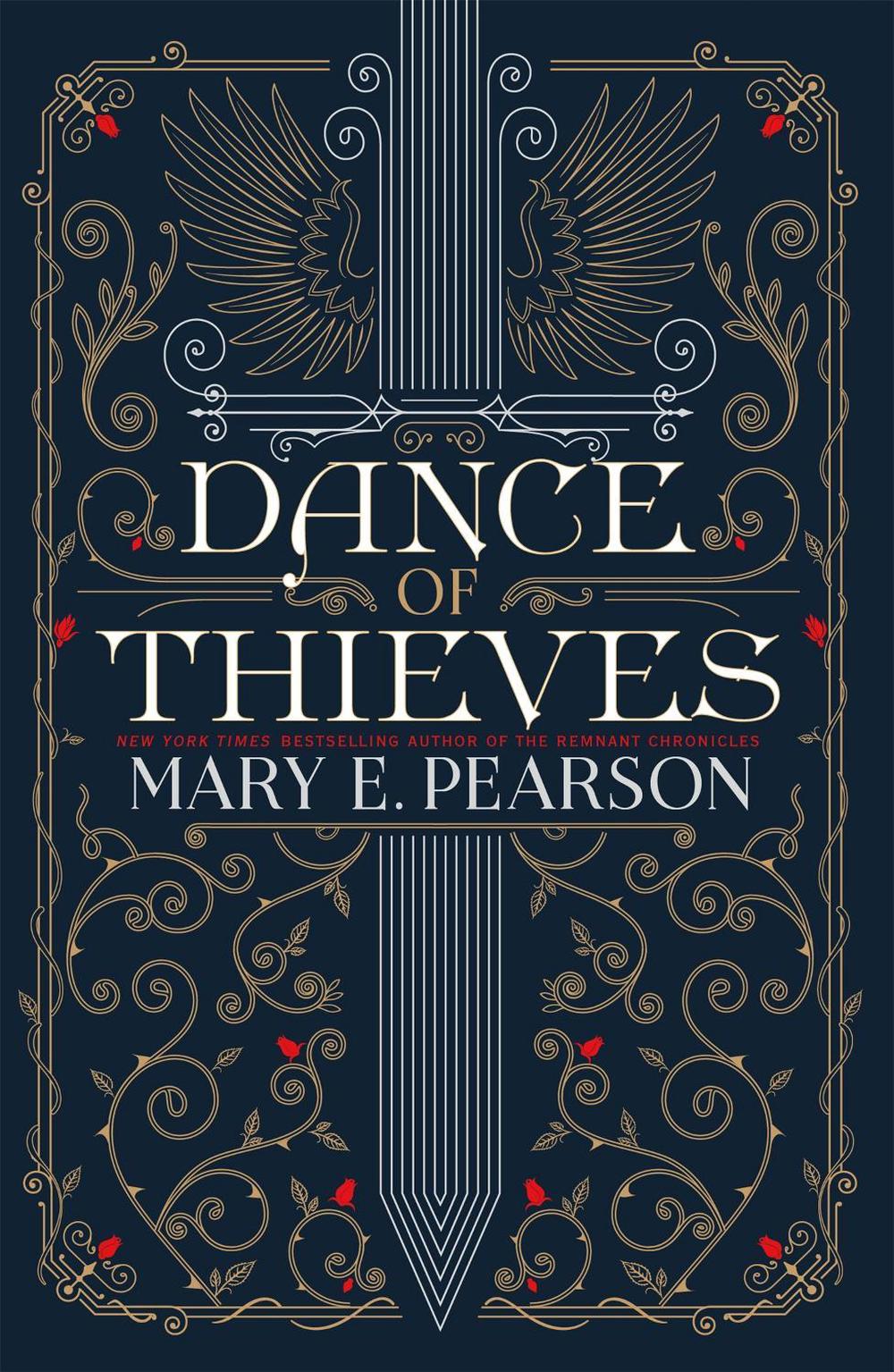 Book cover of 'Dance of Thieves' featuring an ornate design with a sword on a blue background 