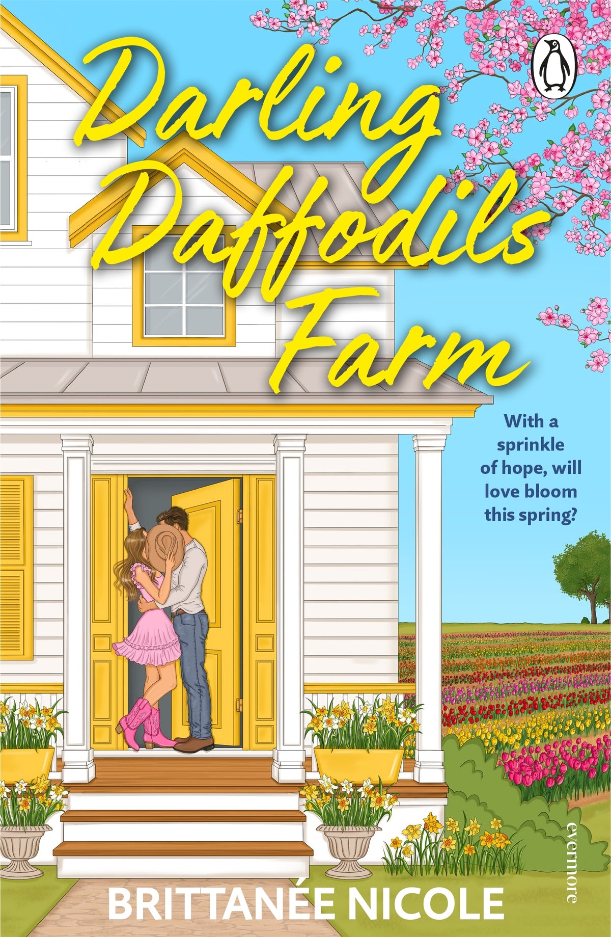 Book cover of 'Darling Daffodils Farm' with a couple embracing on a porch, flowers, and a house in the background.