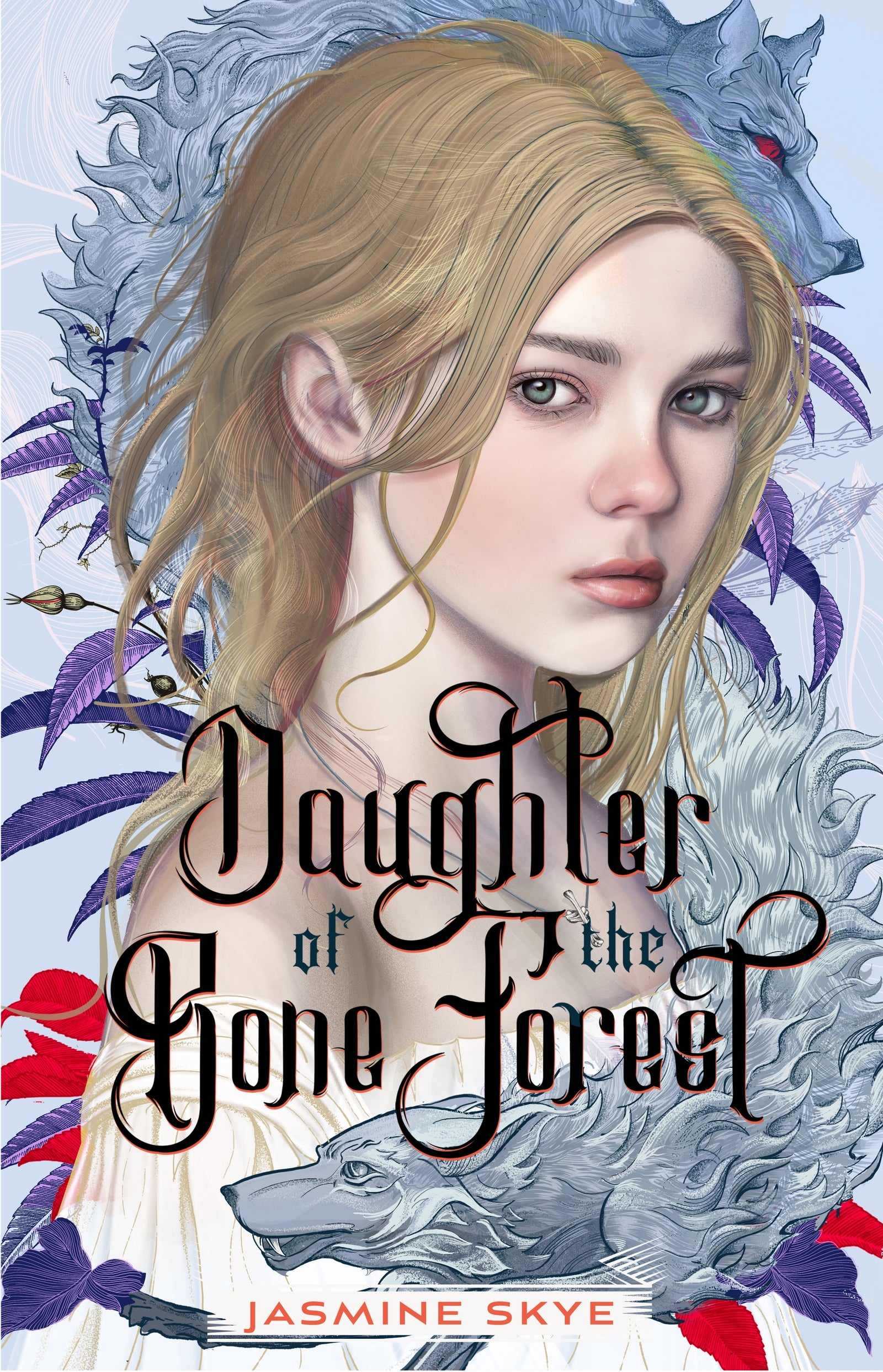 Book cover of 'Daughter of the Bone Forest' featuring a young woman with wolf heads and blue leaves around her face 