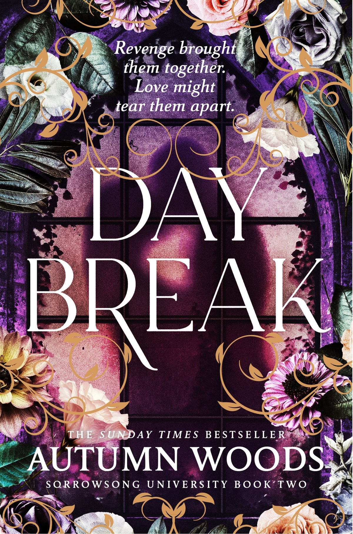 Book cover of 'Day Break' by Autumn Woods with floral design over a purple window 