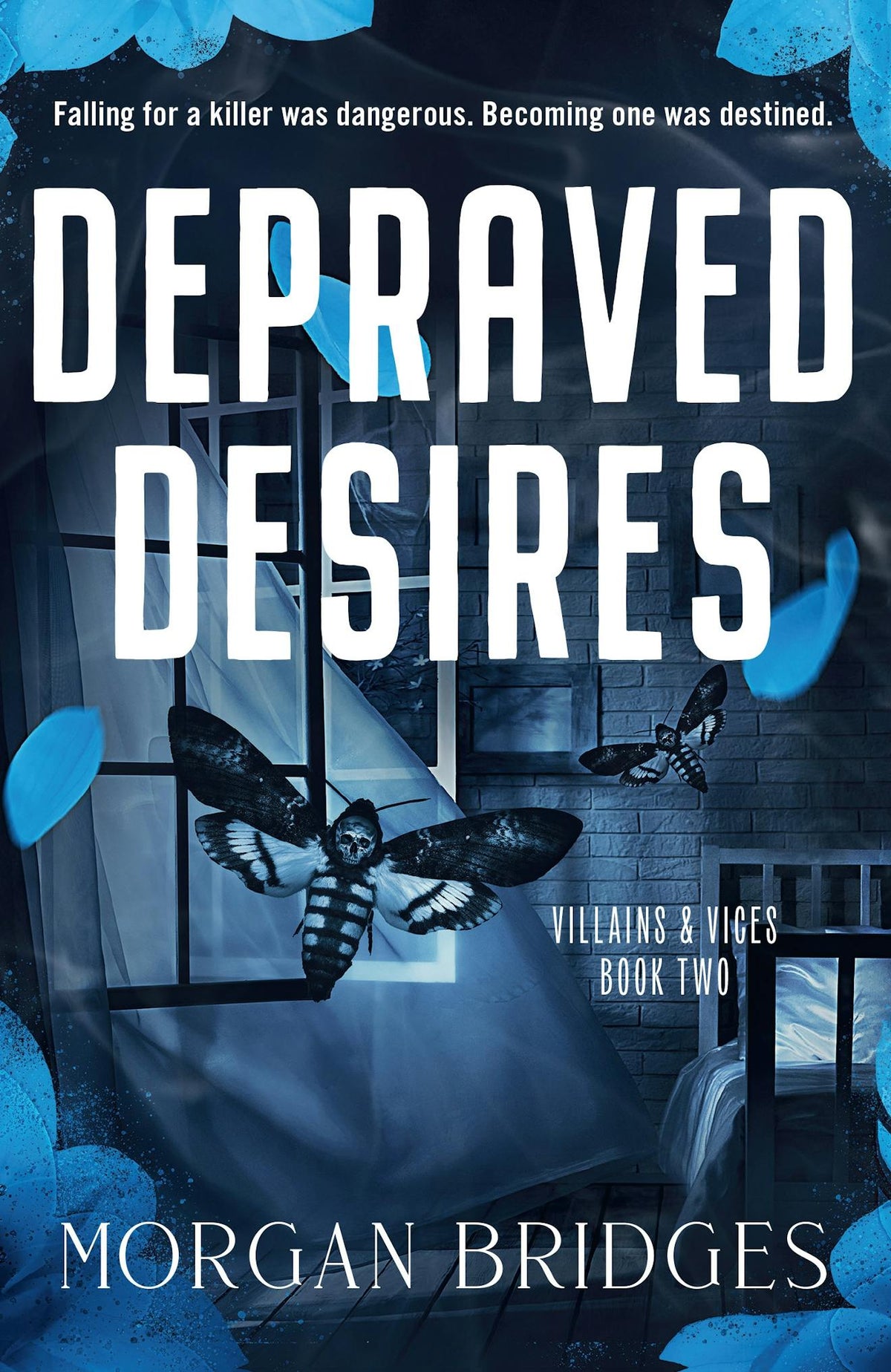 Book cover of 'Depraved Desires' with moths and an open window.